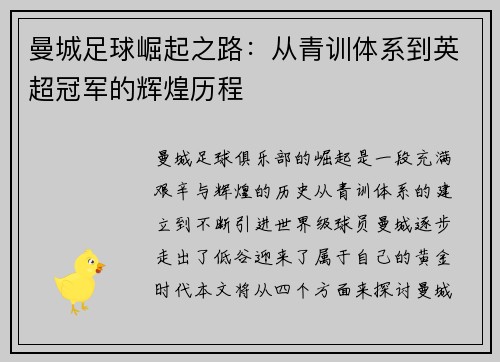 曼城足球崛起之路：从青训体系到英超冠军的辉煌历程