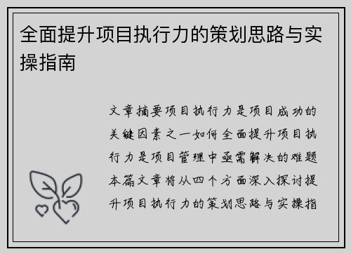 全面提升项目执行力的策划思路与实操指南